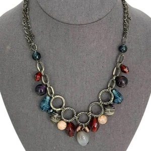 Premier Designs Vintage Signed Glass Bead Chain Link Necklace Red Blue - Picture 1 of 6