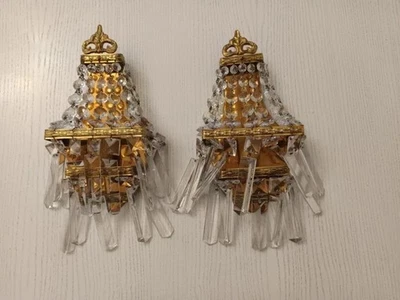Vintage Antique Pair French Empire Brass Crystal 1 Light Sconces Wall Lights - Image 1 of 4