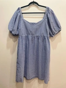 Antiguo Vestido Azul Marino Gingham Seersucker Manga Abullonada L Calado Cottagecore Retro - Imagen 1 de 9