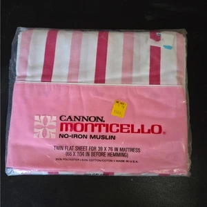 NOS Vintage Cannon Monticello No-Iron Musselin Twin Flat Sheet Pink White Striped  - Bild 1 von 4