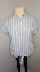 Top blusa Lola River donna XS misto lino righe bianco blu cravatta costa - Foto 1 di 6