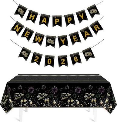Childom 1 Pack Happy New Year Tablecloth with 21 PCS Banners for New Years - Image 1 of 4