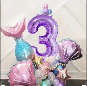 40 Pcs Mermaid Party Number Balloons Purple Gold 3 Number Foil Balloon Sea Girl - Picture 1 of 4