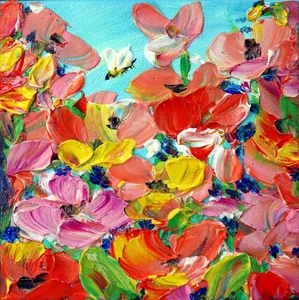 Pintura Flores Abejas - Mandarina Naranja Rosa Flores Silvestres Pintura al Óleo - Imagen 1 de 6
