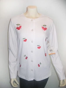 NWT Breckenridge Spring Red Cherry Embroidered Knit Cardigan White Women’s SZ SM - Picture 1 of 5