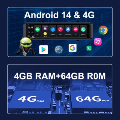 12" HD Touch Ips 4G WIFI Car DVR Camera Android14 Dash Cam Smart Rearview Mirror - Image 1 of 4