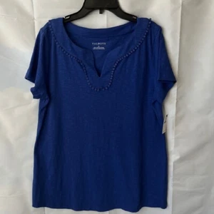 Talbots Pom-Pom Trim T-Shirt V-Neck Casual Top Blue Women's Size M - Picture 1 of 3