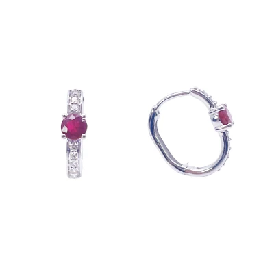 18ct White Gold Natural Ruby Prong & Diamond Huggie Hoop Earrings 0.92ct - Image 1 of 4