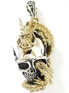 LARGE GOLD DRAGON ON BIG SKULL STERLING SILVER PENDANT - Picture 1 of 8