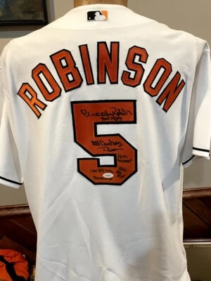 GORGEOUS Brooks Robinson AUTO'D Baltimore Orioles Jersey, 6 INSCRIPTIONS, JSA!! - Image 1 of 4