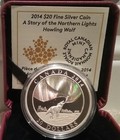 2014 Northern Lights Howling Wolf $20 1OZ Pure Silver Proof Canada Coin