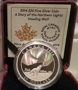2014 Northern Lights Howling Wolf $20 1OZ Pure Silver Proof Canada Coin - Picture 1 of 2