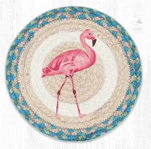 Set of 2 Braided Jute Round Placemat/Trivet/Swatch. PINK FLAMINGO.Earth Rugs.10" - Picture 1 of 1