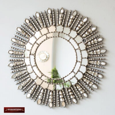 Silver Round wall mirror living room | Peruvian hanging mirror on the wall decor - Image 1 of 4