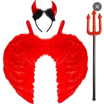 CONJUNTO DE 3 PIEZAS SEÑORAS ROJO DIABLO DISFRAZ CUERNOS ALAS PLUMAS VESTIDO SAN SAN VALENTINES HALLOWEEN Foto 1 de 3
