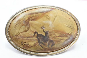 Vintage handbemalt South Western Cowboy Pferd signiert Gürtelschnalle goldfarben - Bild 1 von 4