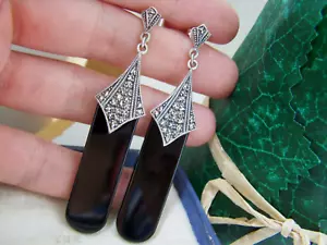 LONG VINTAGE 925 SOLID STERLING SILVER ONYX MARCASITE DROP DANGLE EARRINGS STUD - Picture 1 of 10