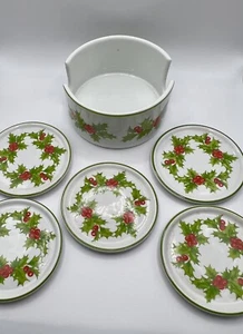 Set of 5 Vintage Schmidt Christmas Holly Berry Porcelain Coasters In Box - Picture 1 of 6