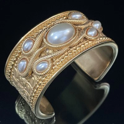 Vintage BEN AMUN USA 24K Gold Plated Chunky Statement Pearl Cuff Bracelet 6.75” - Image 1 of 4