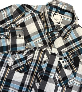 BKE Button Up Shirt Men’s XL Blue Black Check Slim Fit Roll Tab Sleeve Pockets - Picture 1 of 11