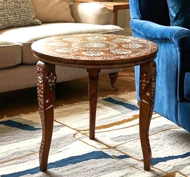 Table basse en Teck & marqueterie à décor d'oiseaux & d'éléphants - Années 80' - Photo 1/4