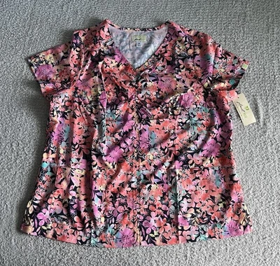 Blusa esfoliante Koi Planet feminina tamanho 2X flor corada rosa floral elástica enfermagem - Imagem 1 de 4