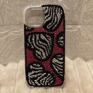 iPhone 15 Case Heart Zebra Pattern Black Pink Stone Decoration Handmade - Photo 1 sur 1
