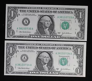2003 A $1 FRN - 2 Consecutive Serial Numbers - Unc. TQP0769/JU - Imagen 1 de 2