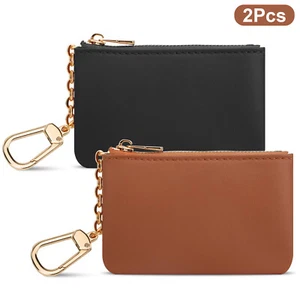 2Pcs Leather Coin Purse with Key Chain Change Wallet Card Holder for Women Men - Picture 1 of 7