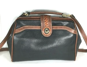 Leslie Fay Vintage Black Faux Leather Brown Trim Satchel Shoulder Bag - Picture 1 of 12