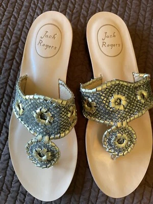 JACK ROGERS Gold Black Whipstitched Leather Wedge Thong Heels Sandals 7M - Image 1 of 4