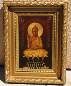 Mystery Artist 40s/50s Sitting Buddha Statue oil painting w symbols& chant words - Picture 1 of 7