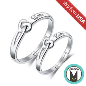 2 Solid Sterling Silver Couple Her & His Engagement Promise Ring Love Heart Knot - Picture 1 of 5