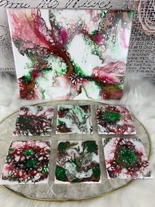 Hand painted Acrylic Pour Coaster Set 6 With 11x14 Canvas Paint Xmas Themes - Picture 1 of 5