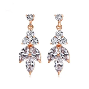 Pendientes colgantes hoja rellenos oro rosa 18k/oro blanco brillantes piedras preciosas blancas - Imagen 1 de 8