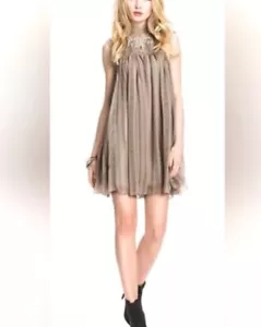 Free People Kleid Gr. Medium taupe Chiffon Spitze Perlen hochgeschlossen ärmellos - Bild 1 von 8