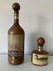 2 Bouteilles Cuir Vintage Fontaine Grand Modèle+ Carafe Whisky Alcool Vin Ancien
