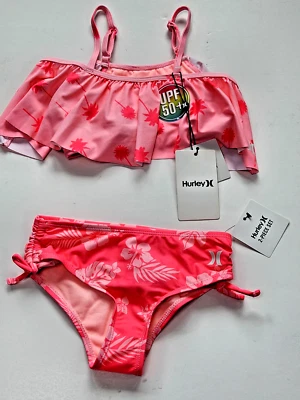 Traje de baño bikini Hurley para niñas pequeñas 4T 2 piezas rosa con volantes hibisco palmera Foto 1 de 2