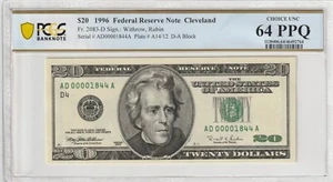 $20 1996 FRN Fr# 2083-D ADA Block PCGS Gem UNC 64 PPQ Cleveland Low Serial # - Picture 1 of 2