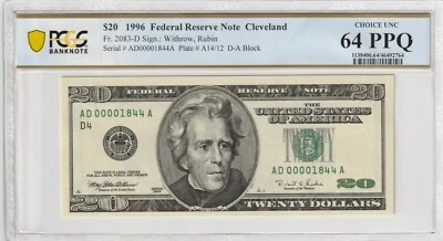$20 1996 FRN Fr# 2083-D ADA Block PCGS Gem UNC 64 PPQ Cleveland Low Serial # - Image 1 of 2