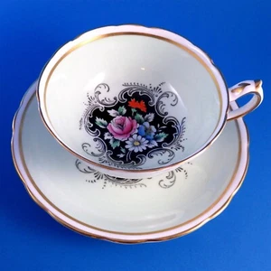 Hand Painted Floral Center on Black with Green Border Paragon Tea Cup and Saucer - Picture 1 of 6