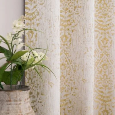 Gold and Greyish Cream White Light Filtering Damask Pattern Extra Length Mand... - Image 1 of 4