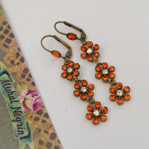 Michal Negrin Earrings Orange Dainty Flower Crystals Long Dangle Romantic Floral - Picture 1 of 15