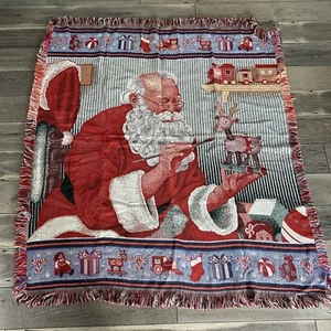 Vintage Throw Blanket Tapestry Christmas Santa Claus Making Toys Workshop 50”x60 - Picture 1 of 10