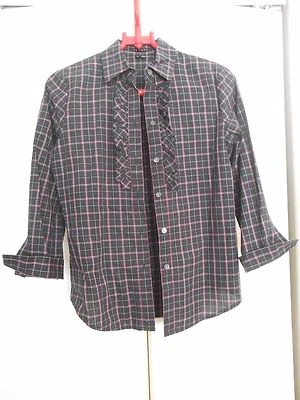THEORY PLAID COTTON 叠层黑色/勃艮第/白色 3/4 袖--小号 — 第 1/2 张图片