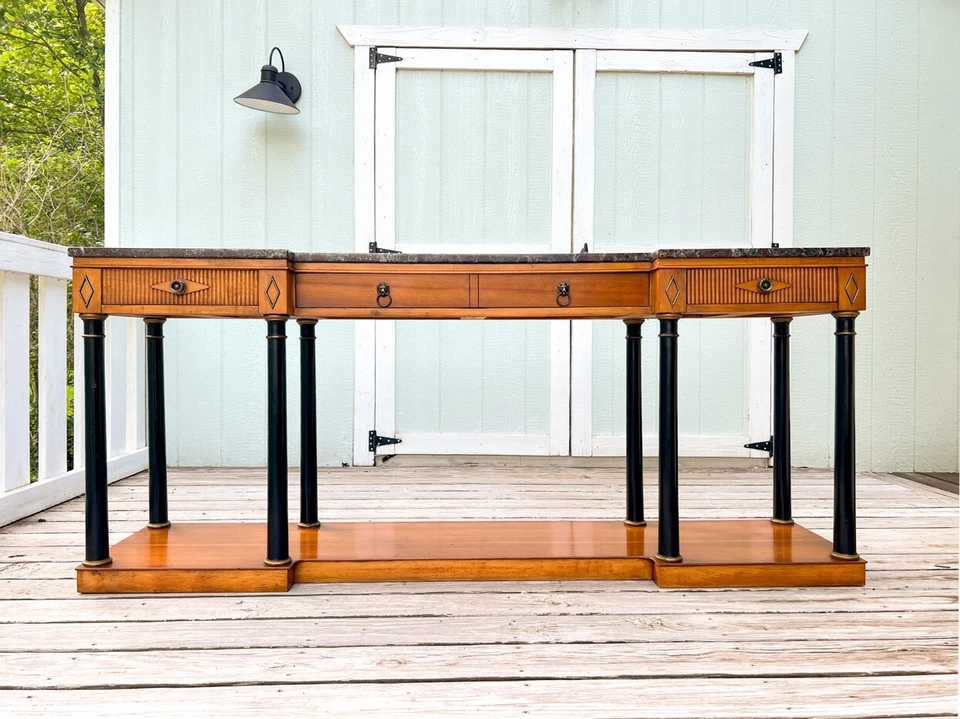 Mesa sofá consola Biedermeier vintage años 60 Widdicomb con tapa de mármol cerezo Foto 1 de 4