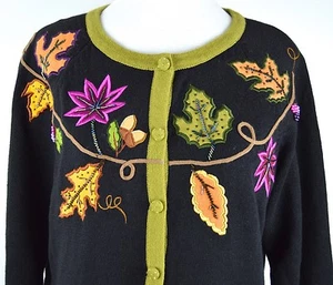 Cárdigan Suéter Hojas de Otoño Grande Adornado Cuentas de Bellota Hoja de Otoño Tejido Negro - Imagen 1 de 8