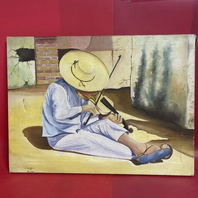 Vintage Oil Painting J. Santoyo 1980 Mexican Folk Art Violin Player - Image 1 of 4