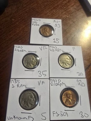 Dealer Overstock MINT ERROR RPM Lot 1c 5c 1936 S/S, 1935 S/S, 1953 D/D, 1961 D/D - Image 1 of 2