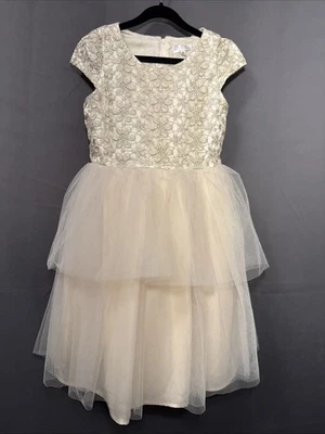 Vestido formal de vacaciones de encaje dorado para niña talla 8 con falda de tul en capas Foto 1 de 4